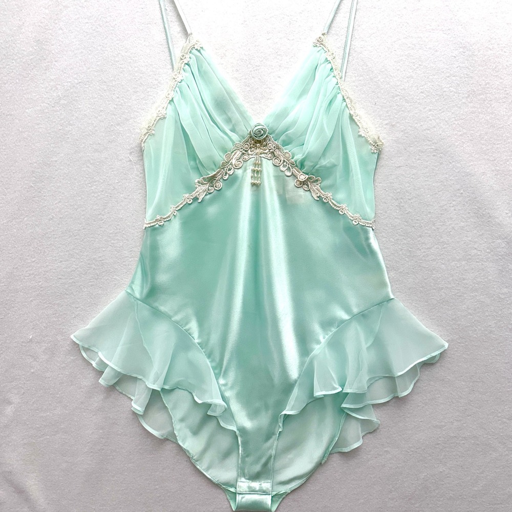 Delicates M Vintage Mint Green Satin Ruffle Bodysuit Lace Pearl Rosette Chiffon